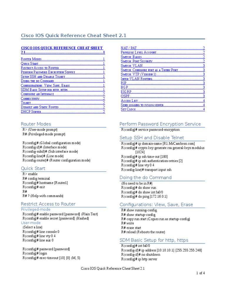 Cisco IOS Quick Reference Cheat Sheet 2.1 | Ip Address | Router (Computing)