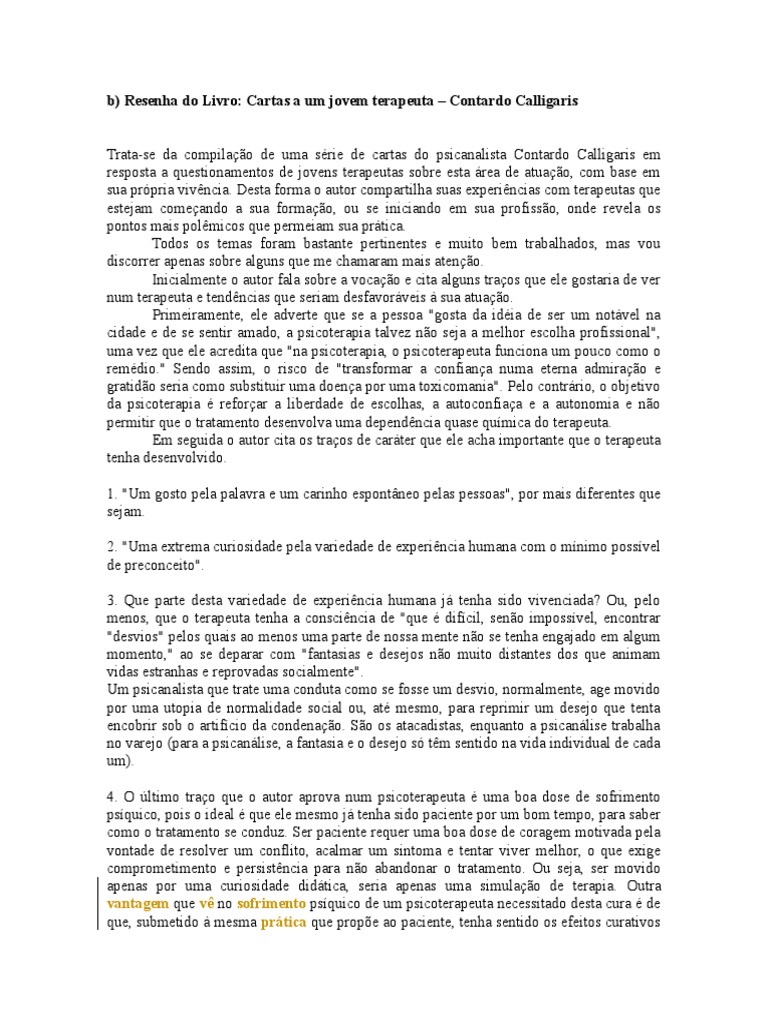 Resenha Livro Cartas A Um Jovem Terapeuta Contardo Calligaris | PDF ...