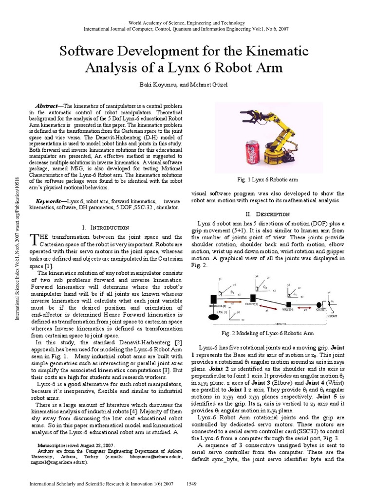 Kinematic Analysis of 5 Dof Lynx Arm | PDF | Kinematics | Matrix ...