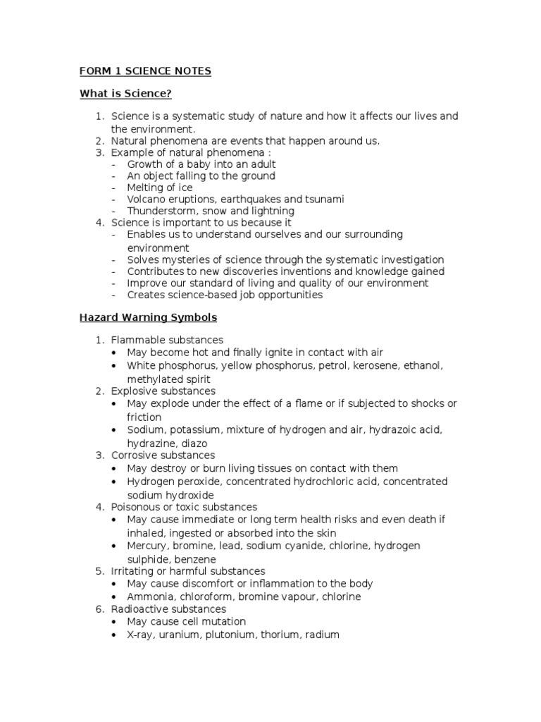 Form 1 Science Overview and Concepts | PDF | Metals | Fuels