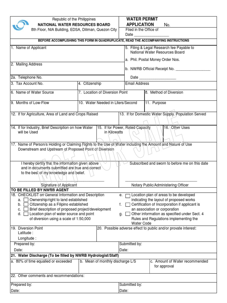 20150630 NWRB Water Rights Permit Application Form (With Instructions