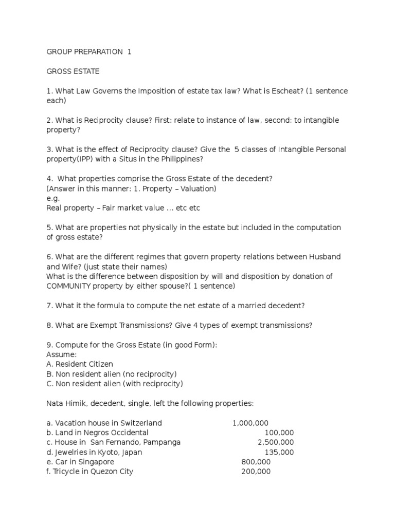 Gross Estate Exercises PDF Community Property Marriage