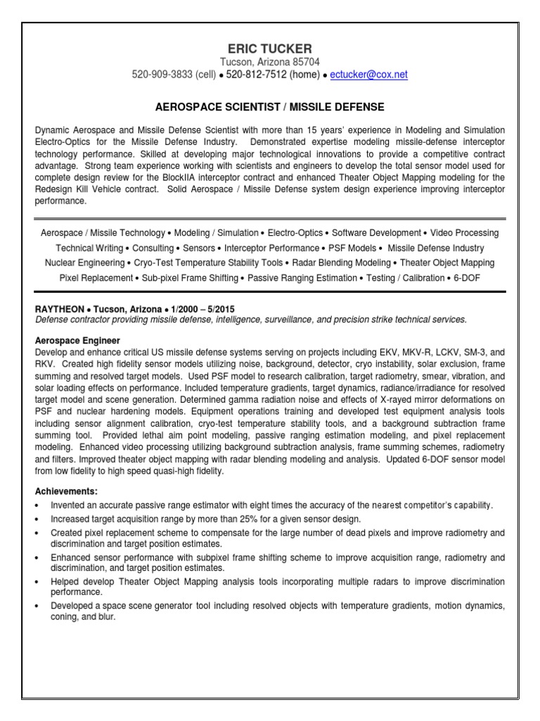 Aerospace Engineer Missile Defense in USA Resume Eric Tucker | PDF ...