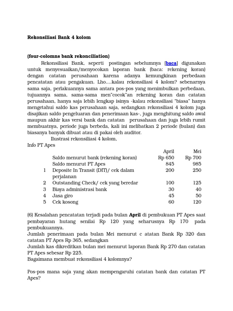 Rekonsiliasi Bank 4 Kolom
