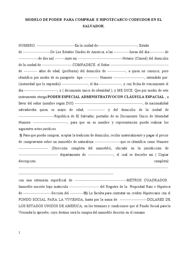 Poder para Comprar Inmueble en El Salvador | PDF | Hipoteca Comercial ...
