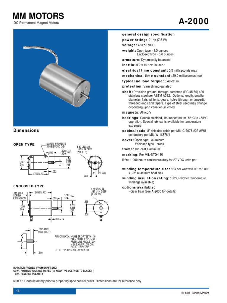 Globe Motor Spec Sheet Electric Motor Gear