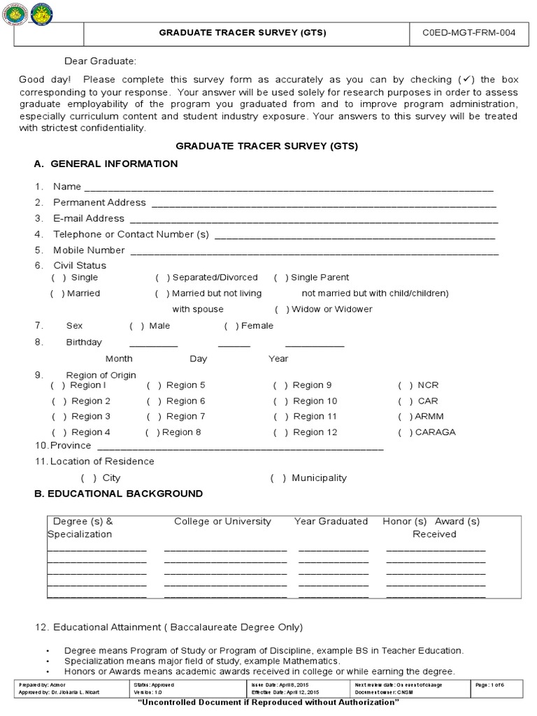 Graduate Tracer Survey Form | PDF | Profession | Academic Degree