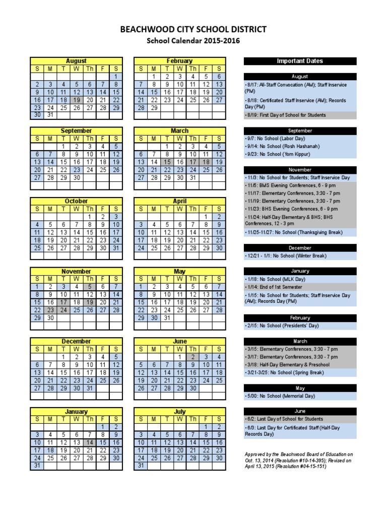 20152016 Beachwood Schools Calendar PDF