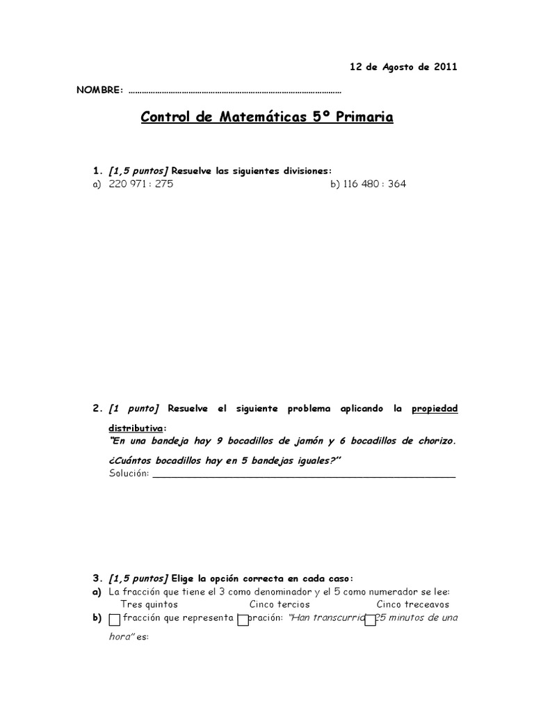 Examen de Matemáticas 5º Primaria | PDF | Métodos y materiales de enseñanza