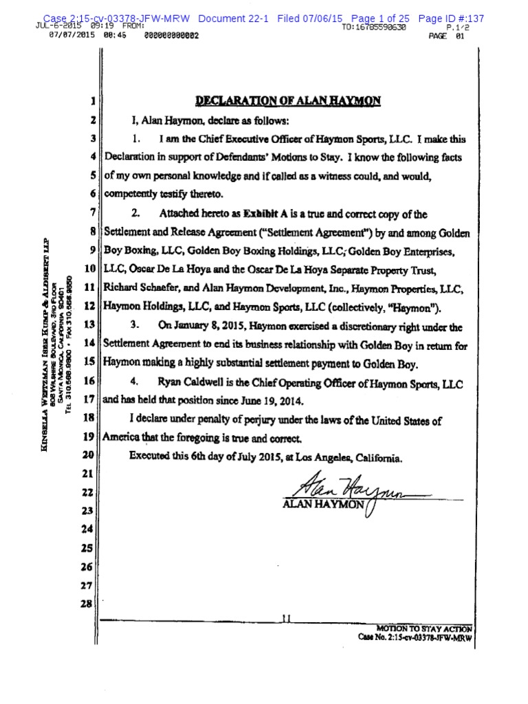 Haymon Declaration in Support of Motion to Stay Proceedings