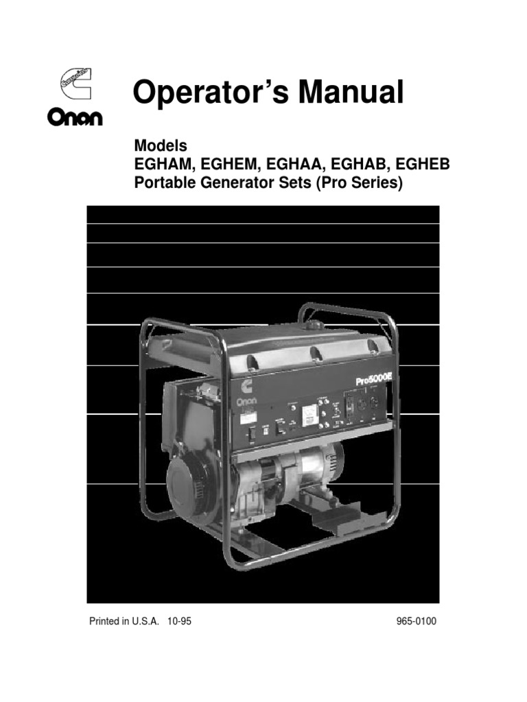 Onan Pro 4000 Generator Operator's Manual Motor Oil Battery