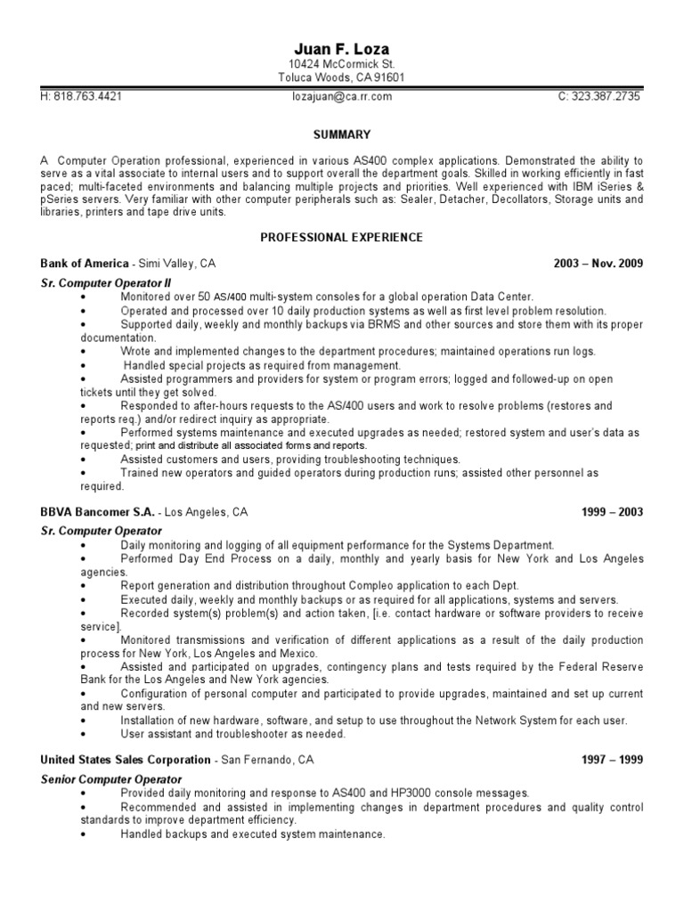 AS400 Computer Operator Resume Summary | PDF | Business