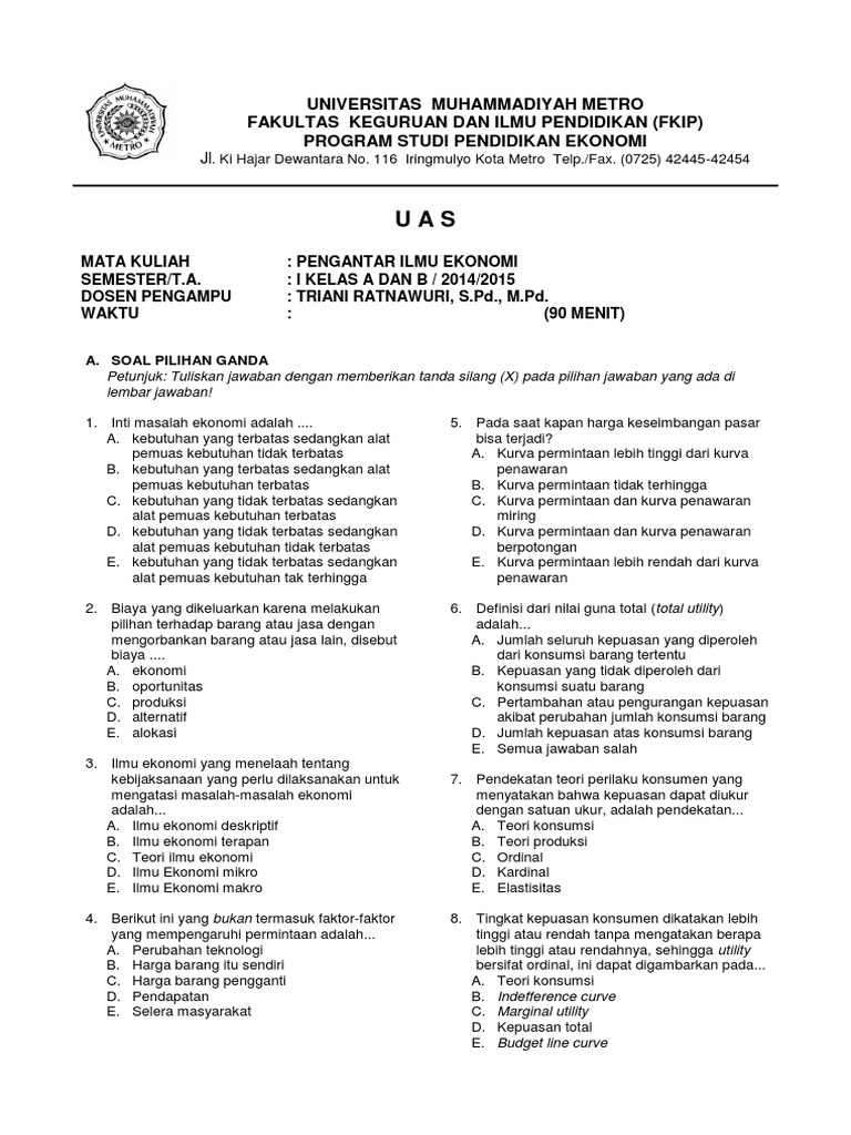 Soal Objektif Materi Ilmu Ekonomi