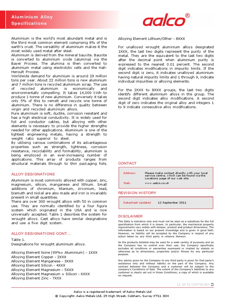 Aalco Aluminium Alloy Specifications PDF Heat Treating Aluminium