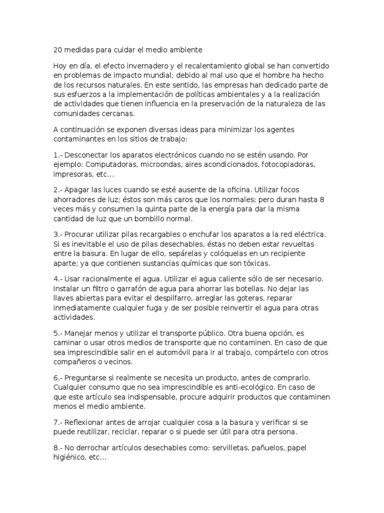 20 Medidas para Cuidar el Medio Ambiente | PDF | El plastico | Papel