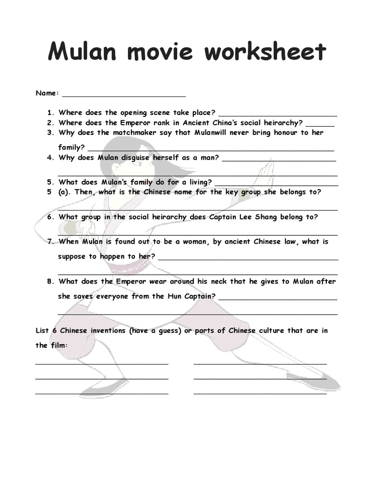 Mulan Movie Worksheet and Questions | PDF | Games & Activities