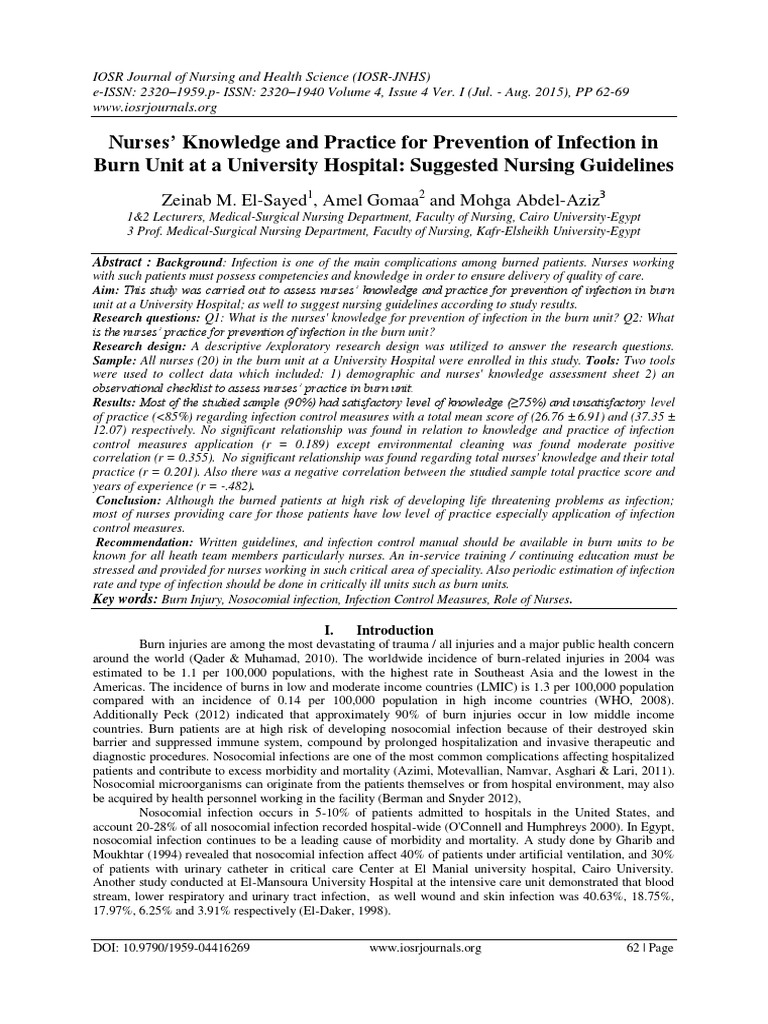 Nurses' Knowledge and Practice For Prevention of Infection in Burn Unit ...