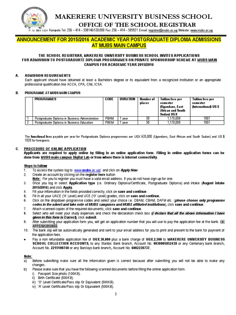 MUBS Postgraduate Diploma courses for 2015/2016 Academic Year