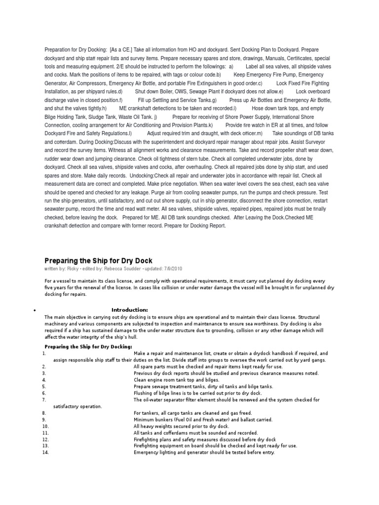 Dry Dock Preparation Checklist for Engineers | PDF | Ships | Firefighting