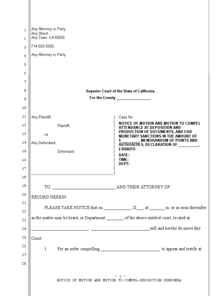 Sample Motion to Compel Compliance with Deposition Subpoena in