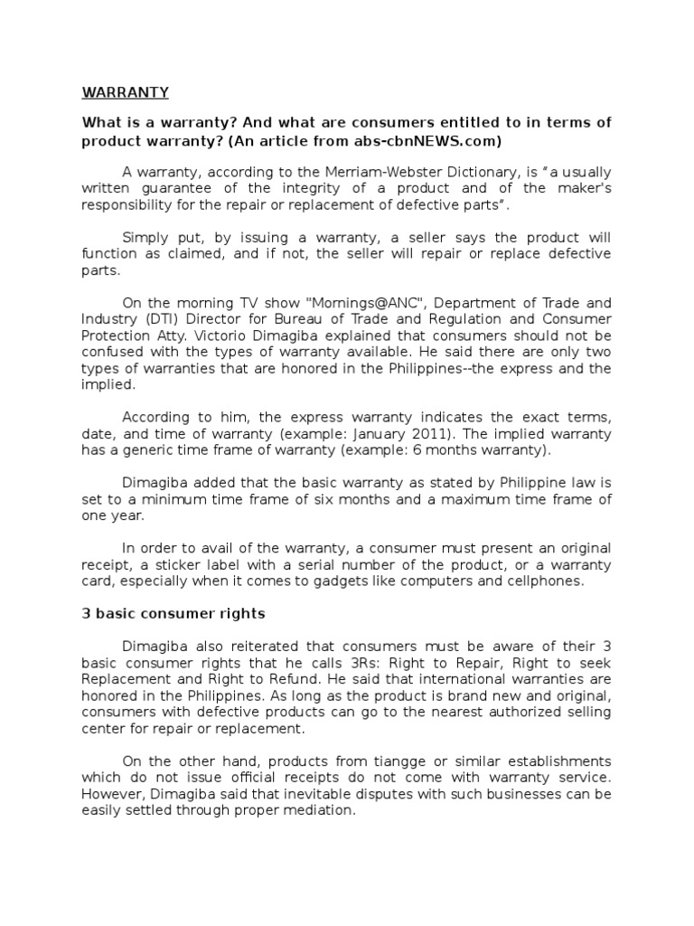 Understanding Consumer Warranty Rights A Summary of Key Provisions of