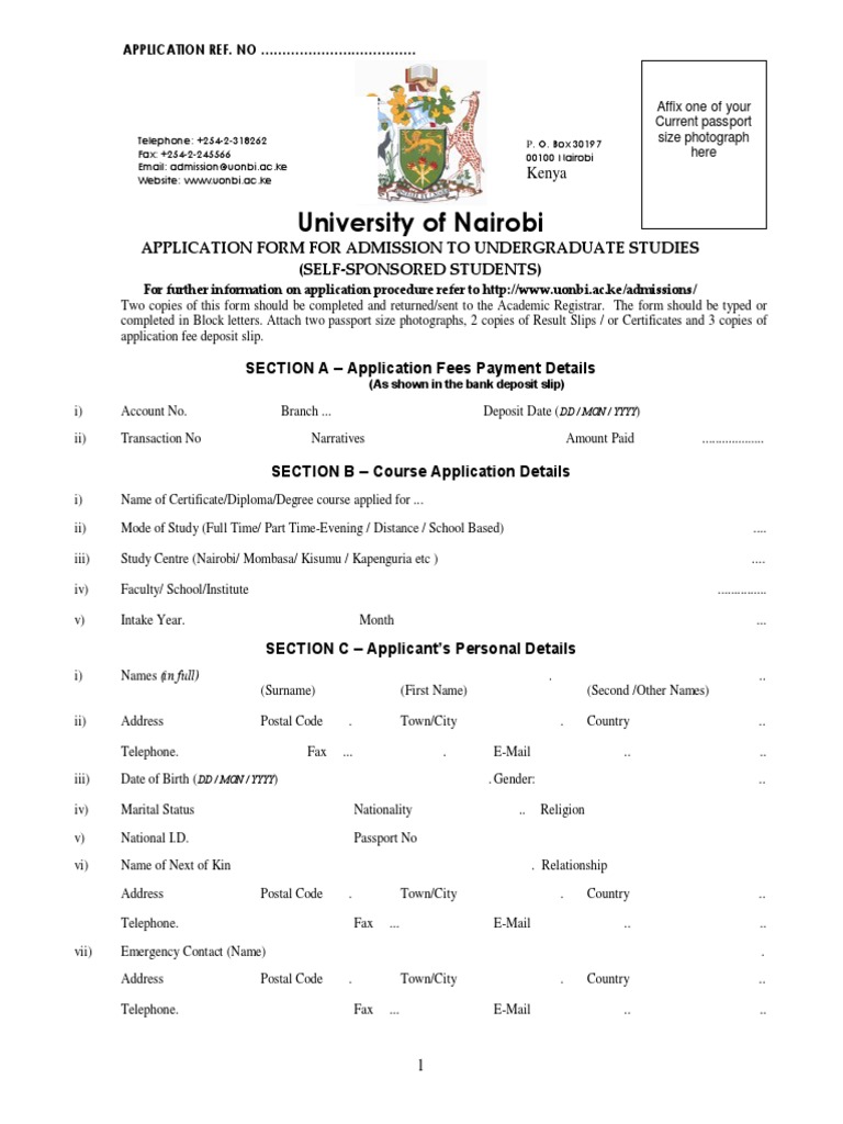 University of Nairobi: Application Form For Admission To Undergraduate