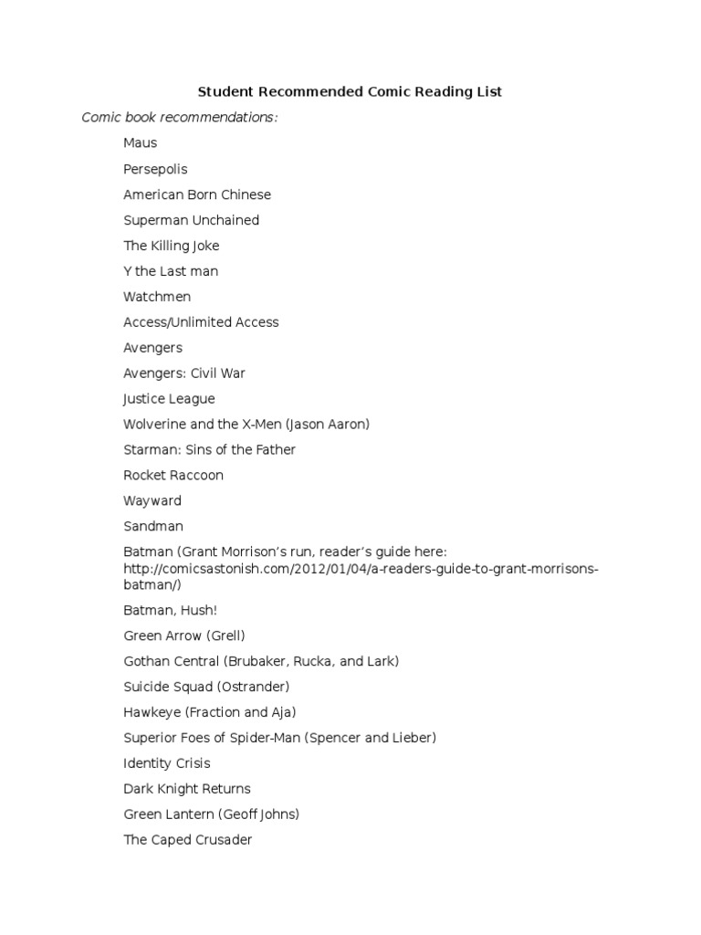 Comic Book Recommendations:: Student Recommended Comic Reading List ...