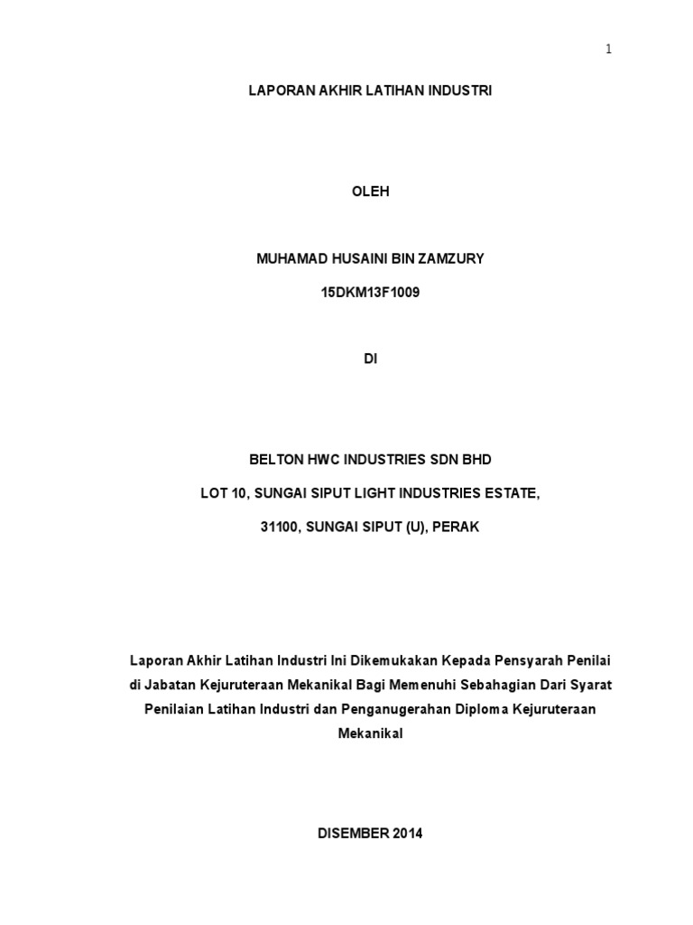 Contoh Laporan Latihan Industri Politeknik Kejuruteraan Mekanikal Automotif