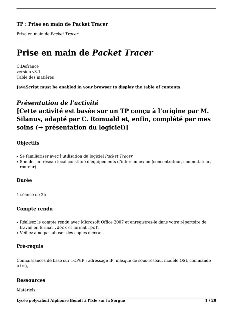 Prise en main de Cisco Packet Tracer | PDF | Routage | Adresse IP