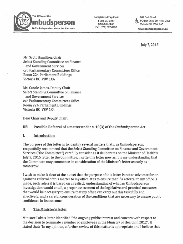 Ombudsperson Letter Confidentiality (Government)