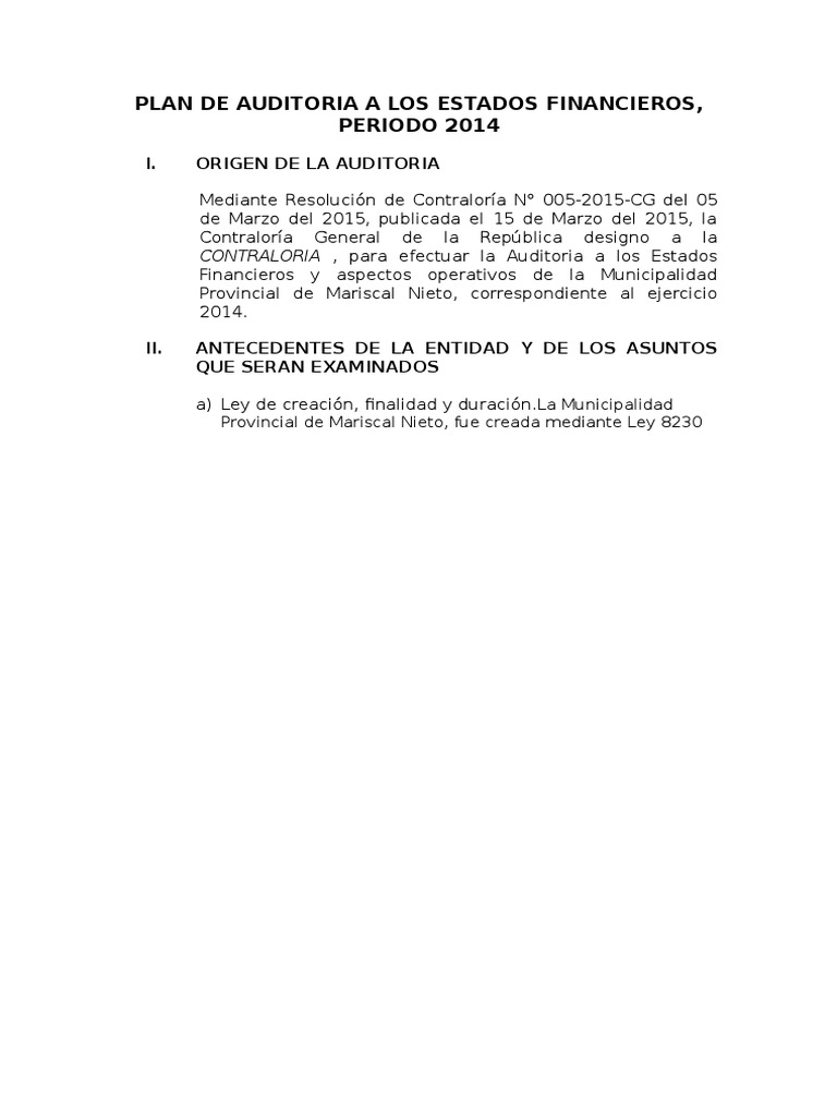 Modelo de Plan de Auditoria Financiera | PDF | Planificación | Presupuesto