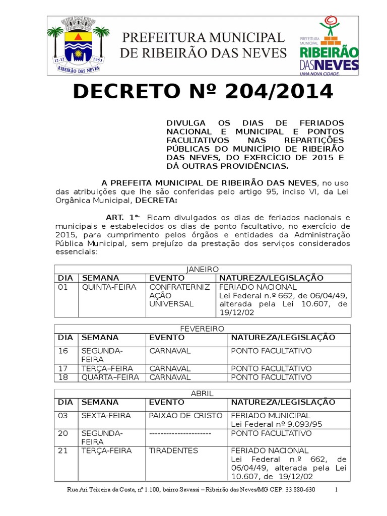 Feriados Municipais de Ribeirão das Neves 2015 | PDF | Lei Estatutária ...