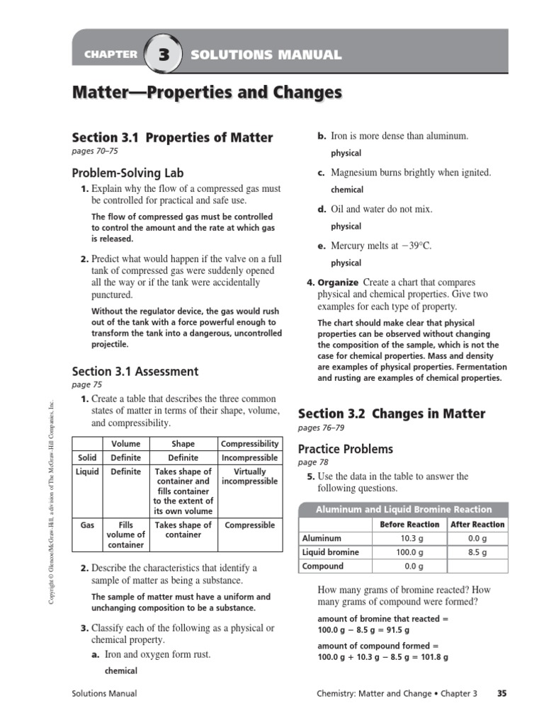worksheet Physical Properties Of Matter Worksheet chapter 3 assessment mixture chemical substances