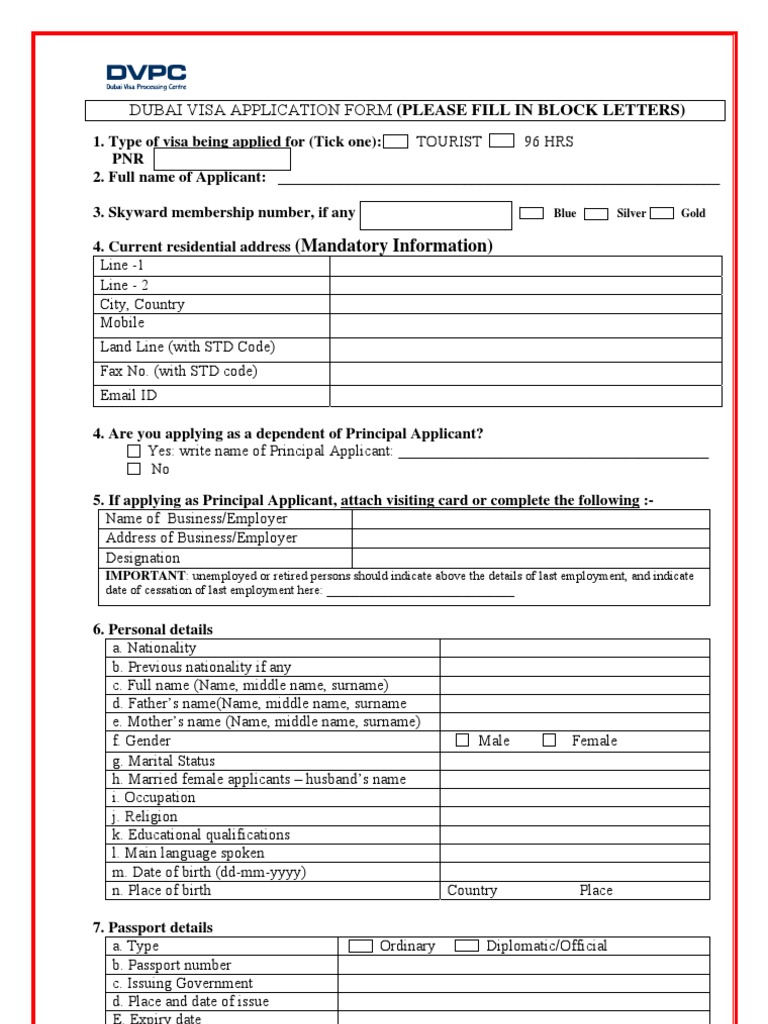 Dubai Visa Application Form Please Fill In Travel Visa Passport