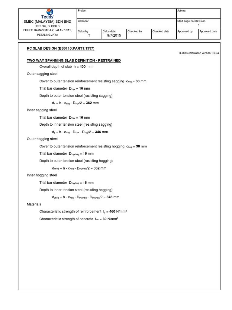 RC Slab Design Calculations (BS8110) | PDF | Concrete | Building Materials