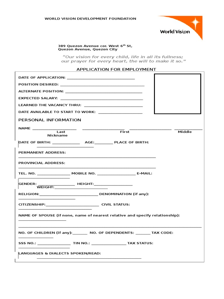 World Vision Application Form PDF World Vision International Non