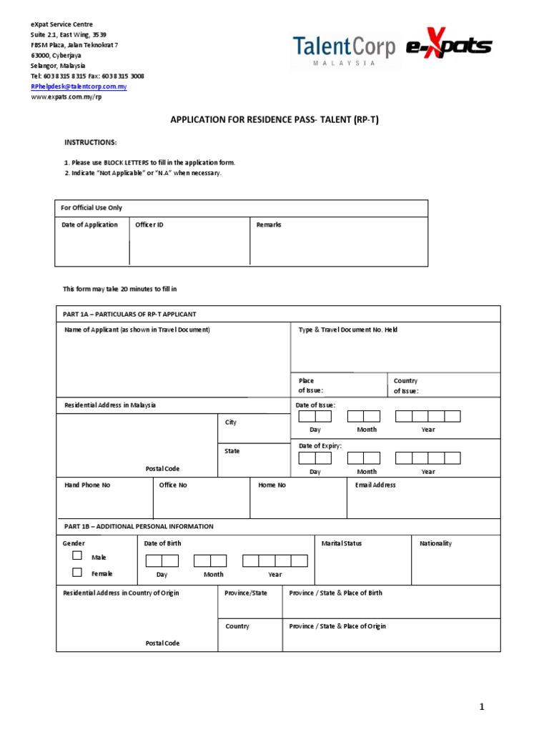 Residence Pass Talent Application Form Passport Vocational Education
