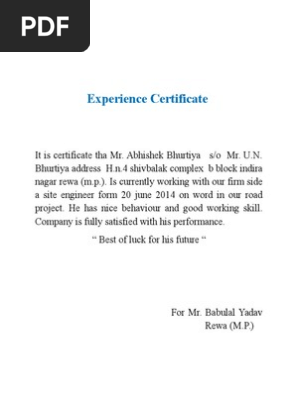 Experience Certificate