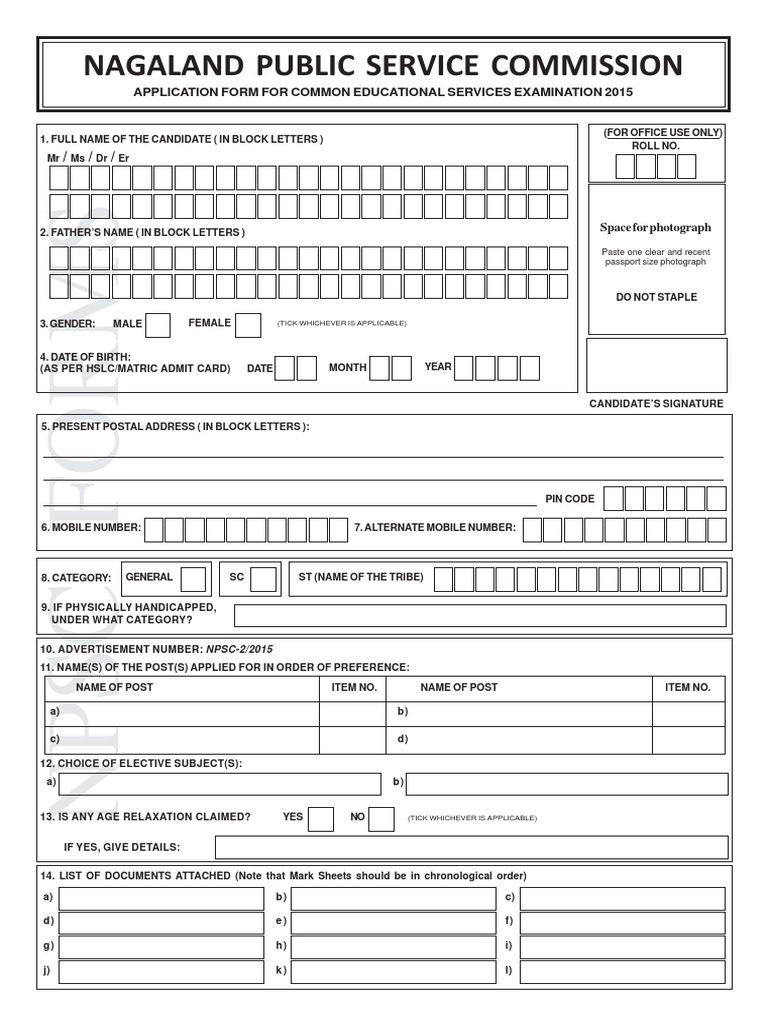 Nagaland Public Service Commission: Application Form For Common ...