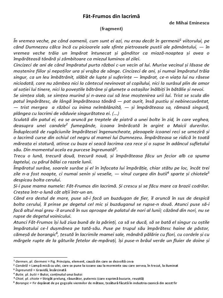 Rezumat Fat Frumos Din Lacrima Fat Frumos Din Lacrima - Mihai Eminescu - Fragment | PDF