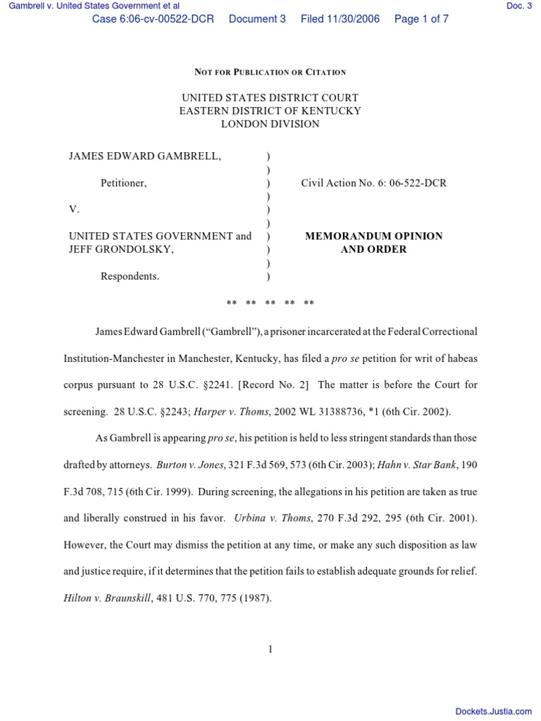 Gambrell v. United States Government Et Al Document No. 3 PDF