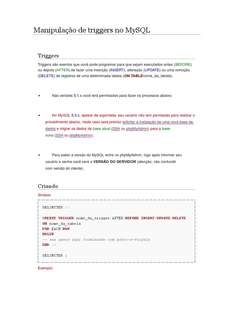 Manipulação de Triggers no MySQL | PDF | SQL | Software de ...