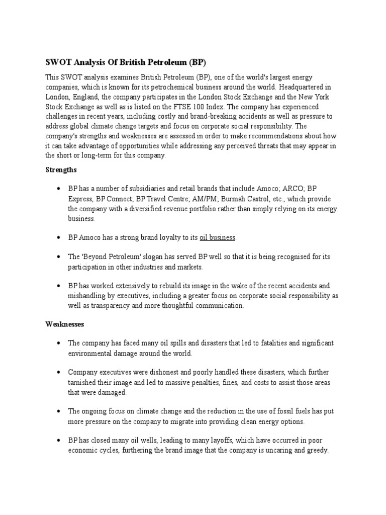 SWOT Analysis of British Petroleum PDF Bp Economies