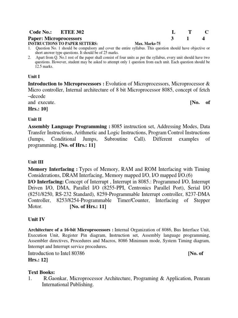 ETEE 302 L T C Paper: Microprocessors 3 1 4: Unit I | PDF