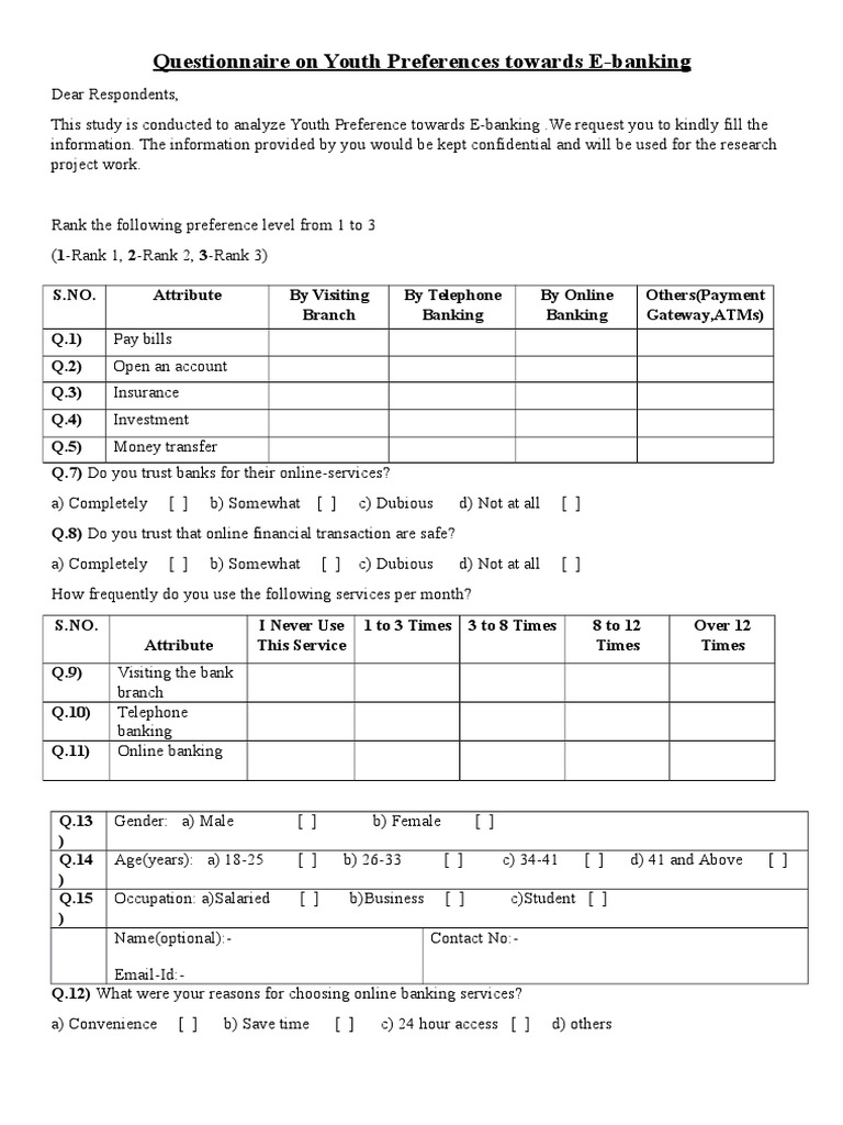 Questionnaire On Youth Preferences Towards E-Banking | PDF