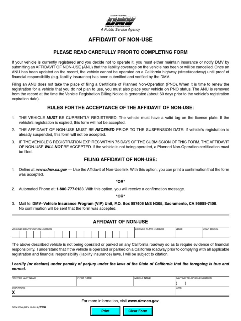 Reg5090 Dmv California Driver S License Non Use Affidavit