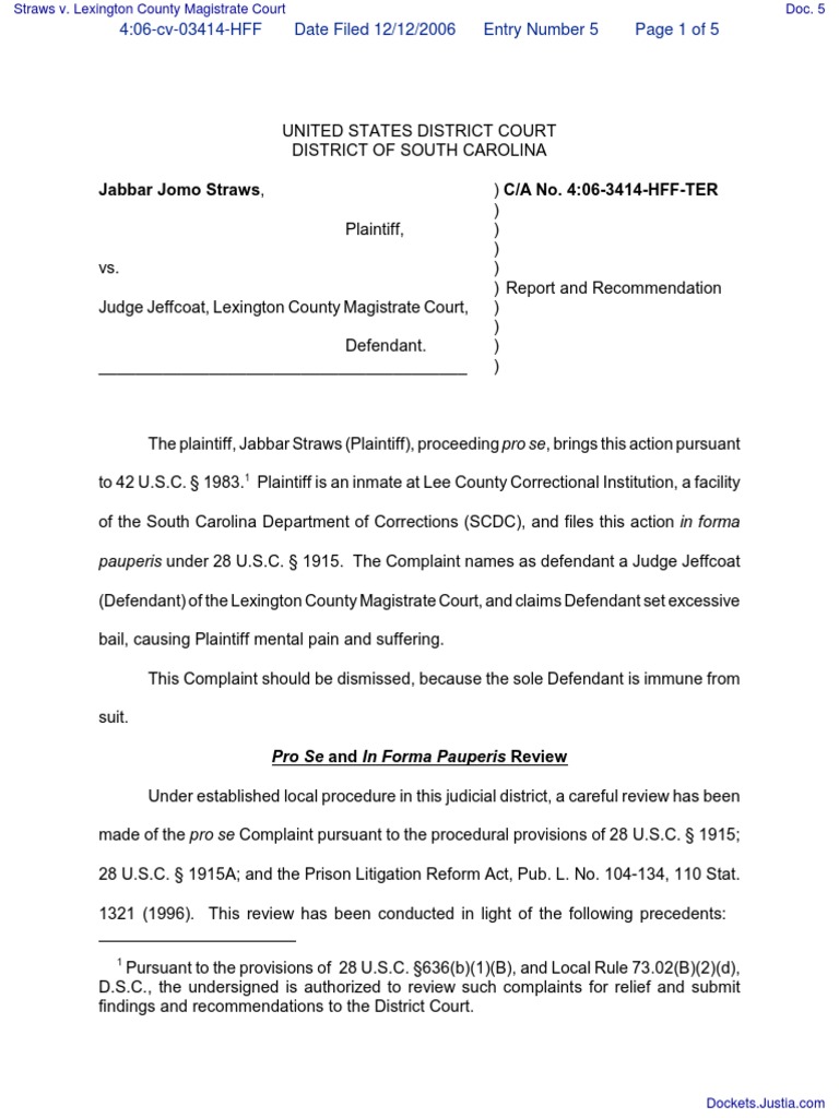 Straws v Lexington County Magistrate Court Document No 5 PDF