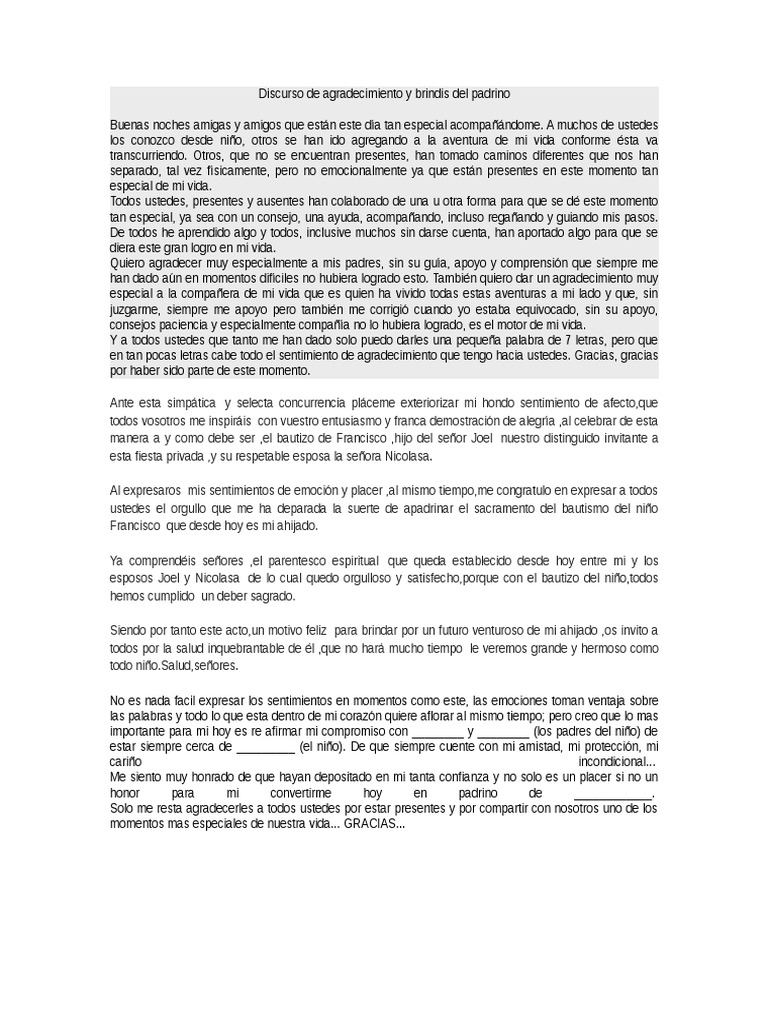 Discurso de Agradecimiento y Brindis Del Padrino