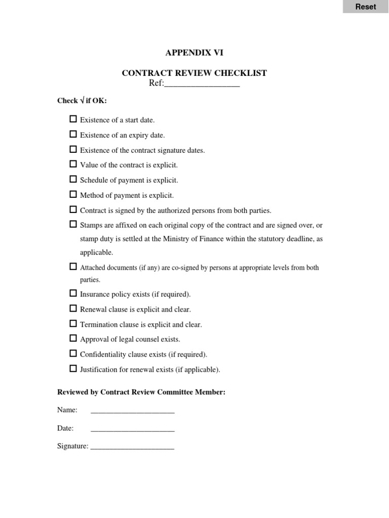 Appendix Vi Contract Review Checklist: Check | PDF | Finance & Money ...
