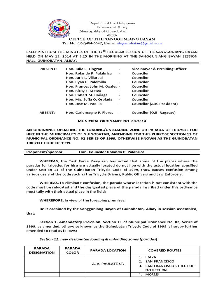 MUNICIPAL ORDINANCE NO. 082014 Local Government Government